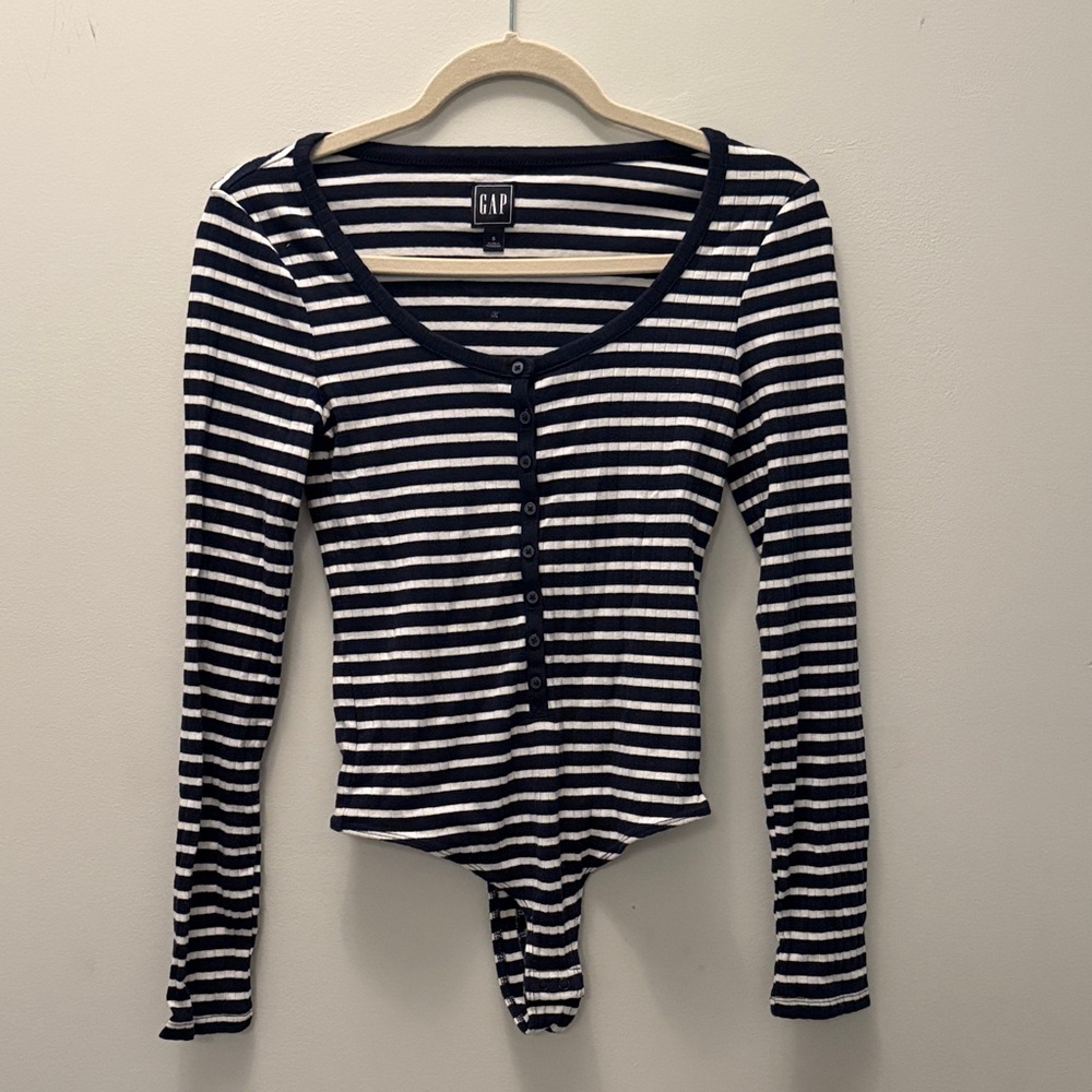 GAP Women's Navy and White Striped Bodysuit